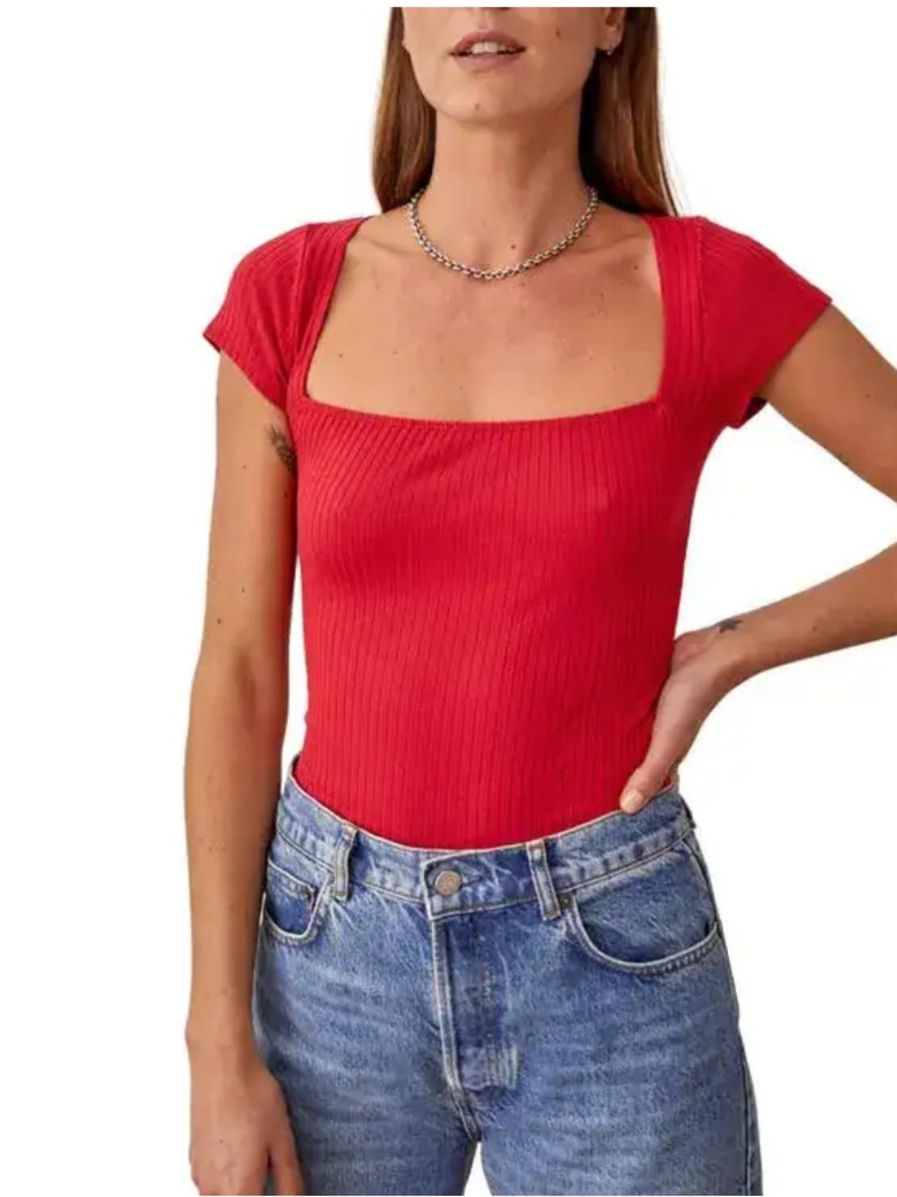 Reformation Red Square Neck Ribbed Tencel Modal Cap Short Sleeve Soft Top Sz XL
